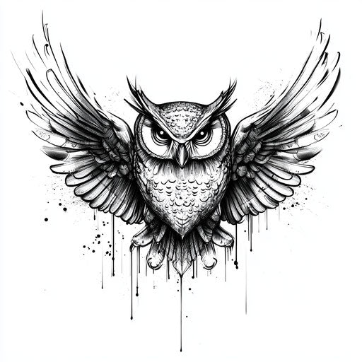 Beautiful owl chest tattoo clipart sketch with abstract brushstroke effects