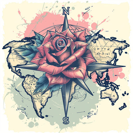 Sketch of a traditional wind rose and map tattoo design, symbolizing adventure, in vintage colors, on a clean white background.