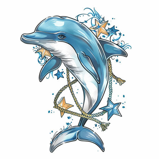 Sailor-style dolphin tattoo with nautical stars and ropes