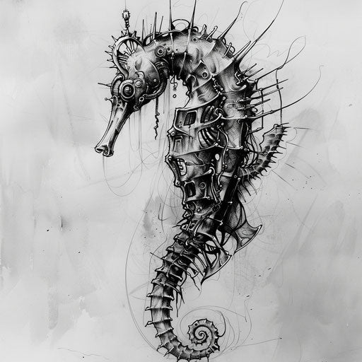 Biomechanical seahorse tattoo sketch blending organic and mechanical elements in a stark monochrome