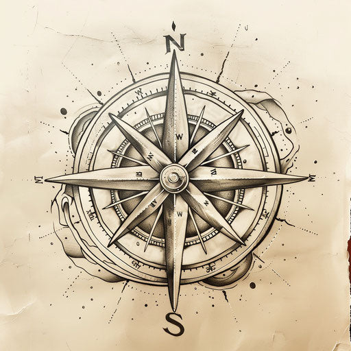 Flat tattoo sketch of a vintage compass rose with cardinal directions and wind roses