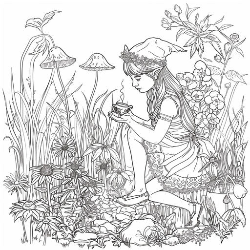 A garden elf tending to magical plants and flowers