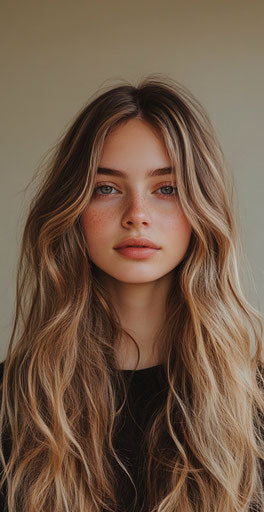 Model with long hair and brown blonde balayage