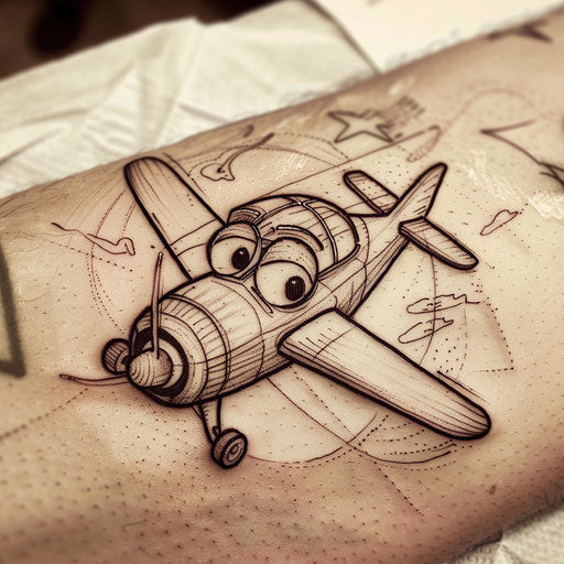Cartoon style tattoo sketch of a funny animated plane with eyes