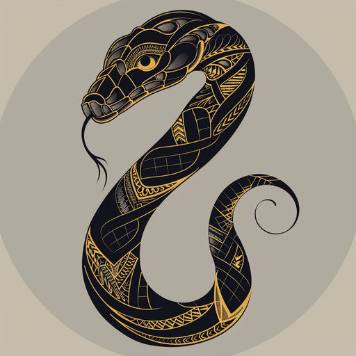 Chic tattoo sketch of stylized black mamba with art deco patterns, black and metallic gold