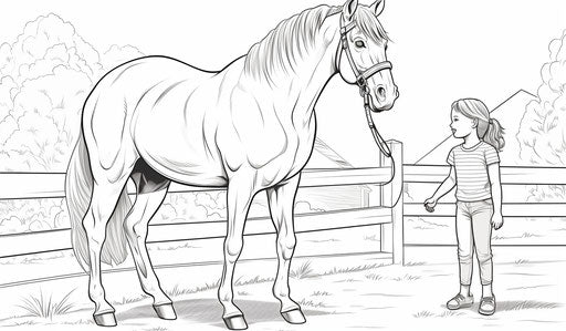 Girl and angry horse realistic coloring page
