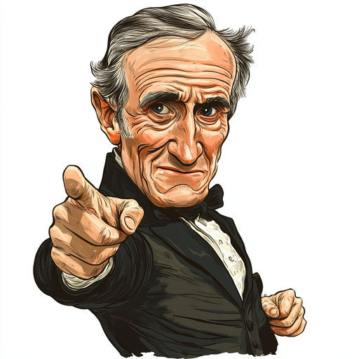 Humorous caricature of a James Fenimore Cooper caricature clipart with human characteristics, exaggerated thin lips, big hands, smooth surfaces, vibrant colors, cartoon style, pointing, high-resolution, no background, isolated