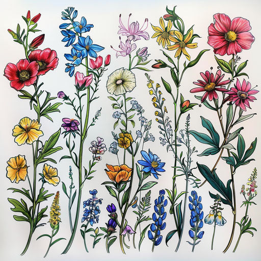 Collection of wildflower tattoos, stained glass style on white background