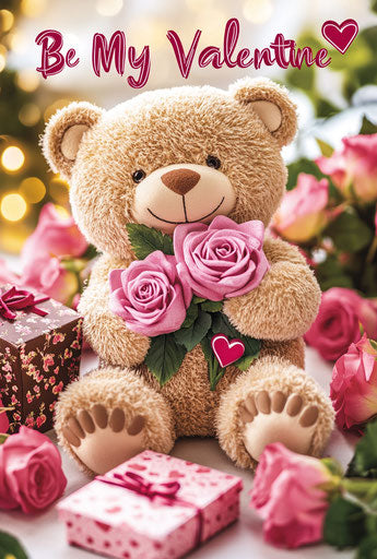 Be My Valentine with a teddy bear and roses