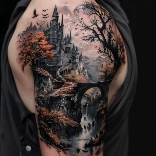 Fantasy landscape arm tattoo in the style of Peter Jackson