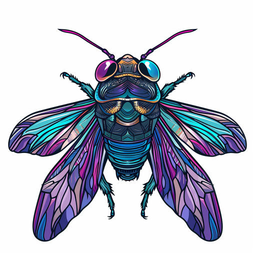 Dynamically sketched cicada with blue and purple hues