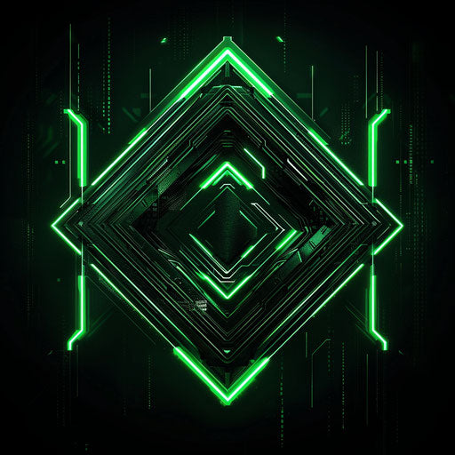 Futuristic logo design in neon green, on dark background