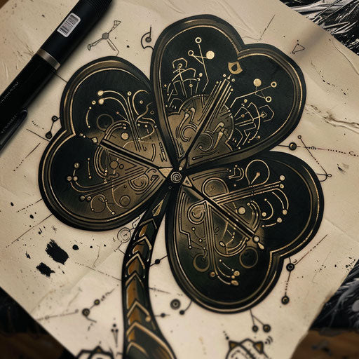 Flat tattoo sketch of a black clover with circuit patterns in metallic hues on a cyberpunk-themed background