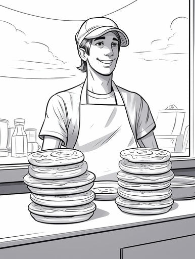 Pancakes on a plate coloring page, Josan Gonzalez style