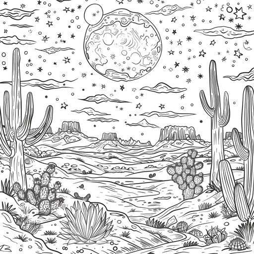 Desert night scene with full moon and stars