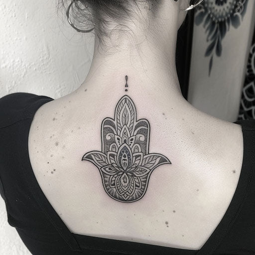 Hamsa tattoo with fusion of Celtic knots on white background
