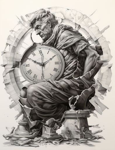Tattoo of broken clock with circle of clocks, crumpled sketch