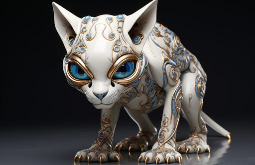 Precisely sculpted resin sphinx cat in earth and sky tones