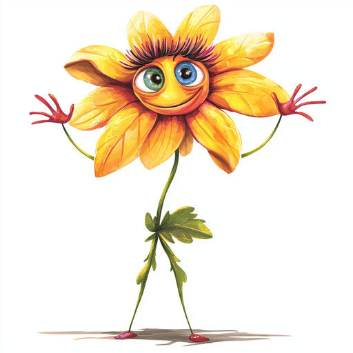 Humorous caricature of a wildflower with human characteristics