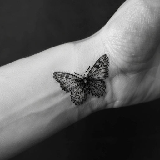 Outline tattoo of a butterfly, in the style of Maria Sibylla Merian