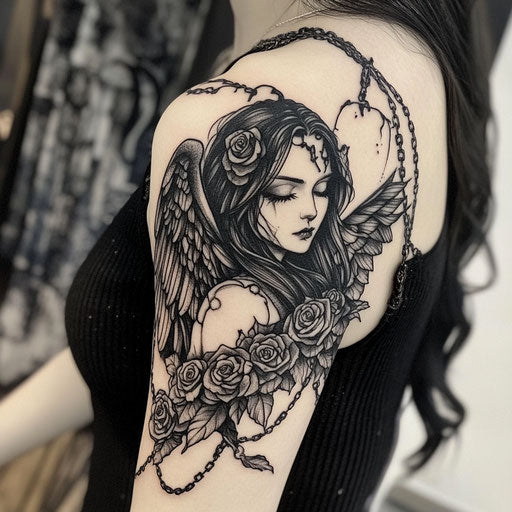 Gothic angel with chained wings and roses