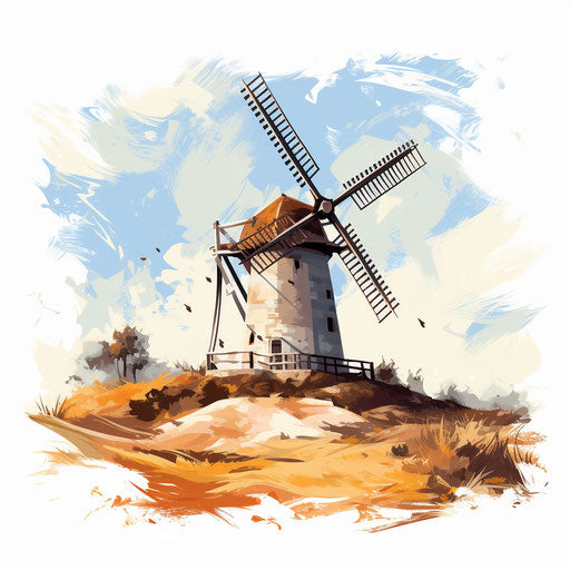Windmill artwork in Oil painting style, on white background