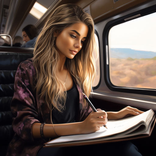 Girl sketching on train, animated gif style, airbrush art