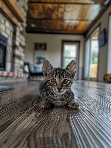 Female kitten in front of a large house, emphasis on facial expression, dark brown and gray, dappled, solapunk, warmcore, striped, wiccan 3:4