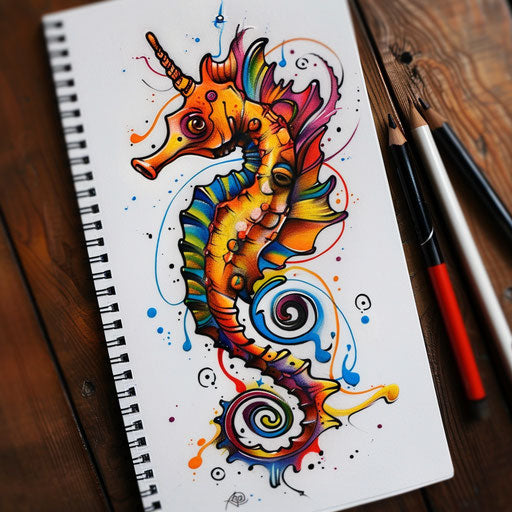 Cartoonish seahorse tattoo sketch in bright primary colors
