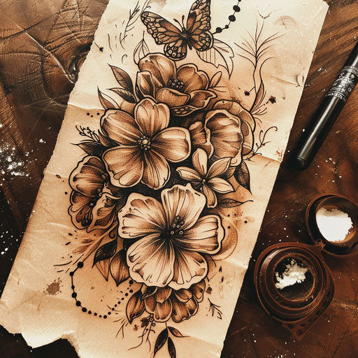 Rustic flat tattoo sketch for 13 tattoo with earth tones and vintage floral patterns
