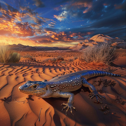 Blue tongue skink in a dramatic desert landscape with intense lighting