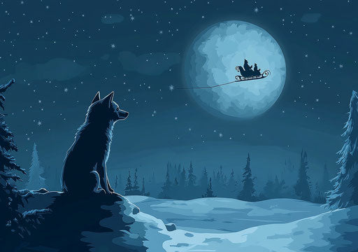 Wolf on the moon: Santa's sleigh flying - vector art