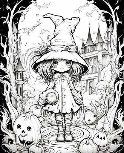 Cute witch Halloween coloring, light orange and magenta style