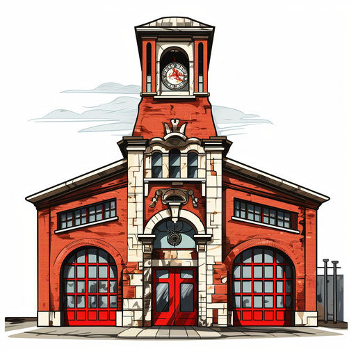 Fire station illustration in the style of Chiaroscuro Art, on white background