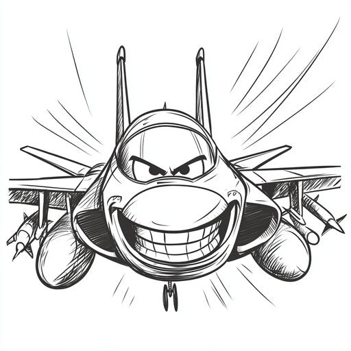 Cartoonish jet with smiling pilot, Butch Hartman style, coloring page