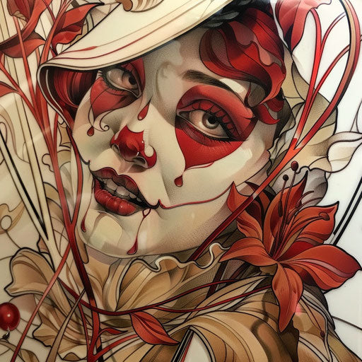 Art nouveau clown tattoo, elegant lines and natural motifs on white