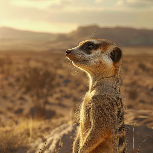 Close-up of a meerkat on watch, with blurred desert view