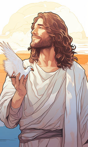 Jesus holds a dove with the word ixxxx x
