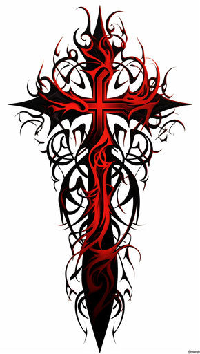 Black red tribal cross tattoo design, Todd McFarlane style, branches twisted