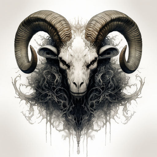 Ram's head in black and white, nightmarish visions style
