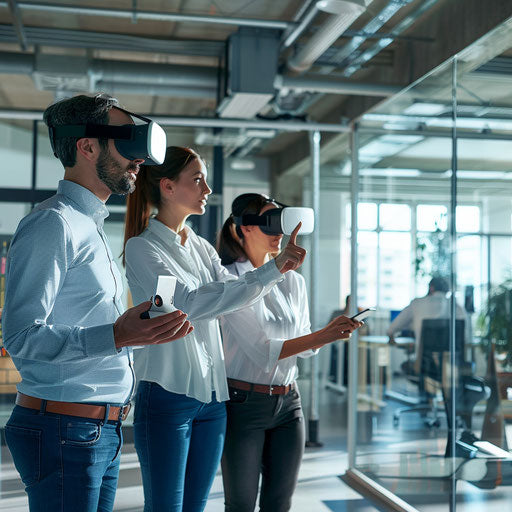 Team using VR to visualize data in futuristic office