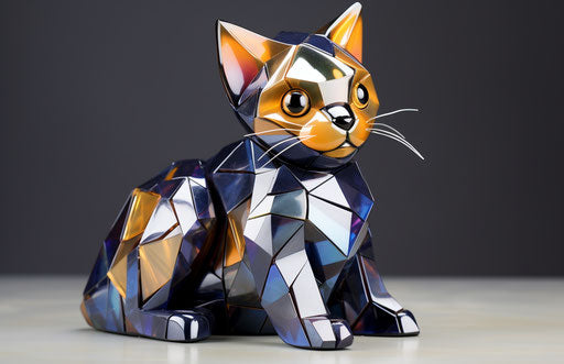 A gray cat sits on the floor, in the style of light purple and light orange