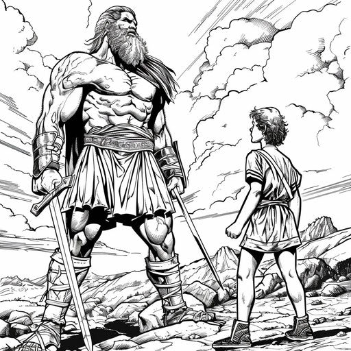 David and Goliath in comic book style, Mike Zeck style, coloring page