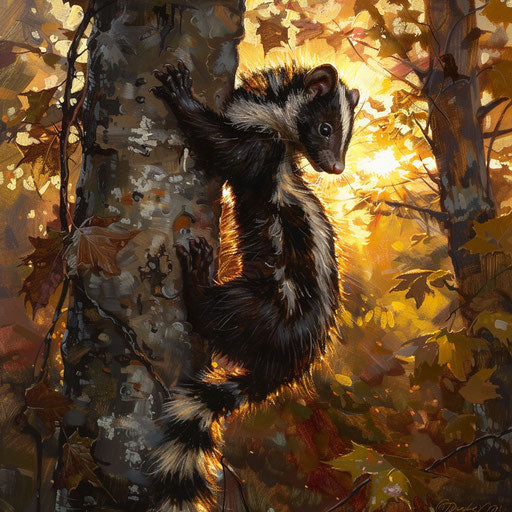 An eastern spotted skunk climbing a tree in the sunset glow