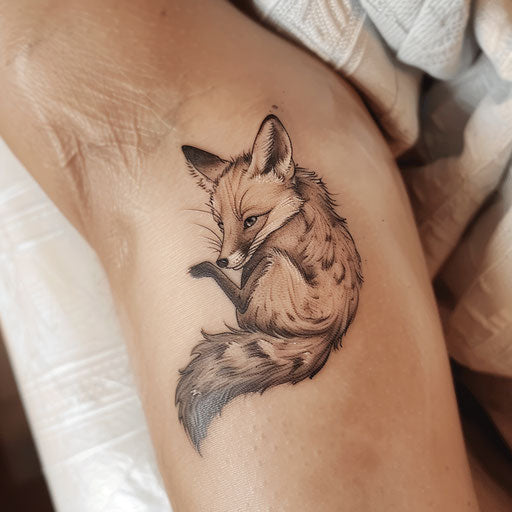 Delicate fox tattoo in fine art style, realistic shading on white