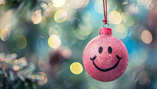 Pink hanging ornament with black glitter, blurry background