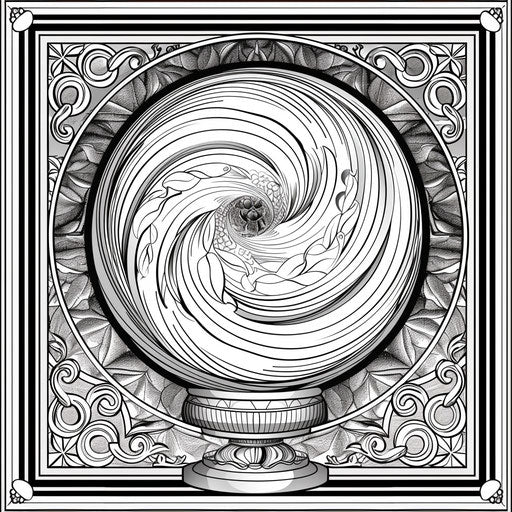 A mystical crystal ball with swirling patterns inside. Coloring book page