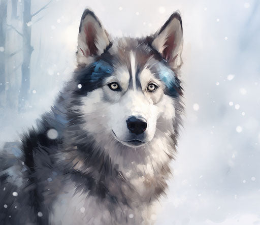 Husky dog in snow, blue eyes, light silver and dark maroon style