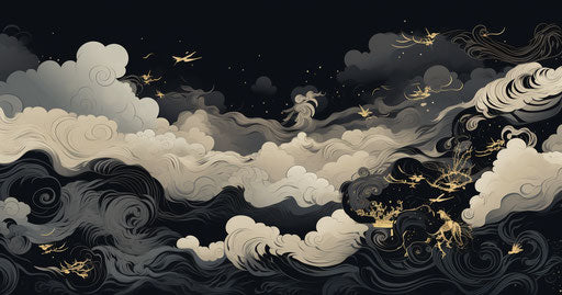 Abstract Chinese clouds and birds in dark tattoo style
