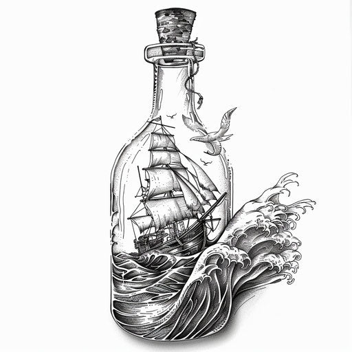 Drawing of a ship in a bottle, unique tattoo concept on white background